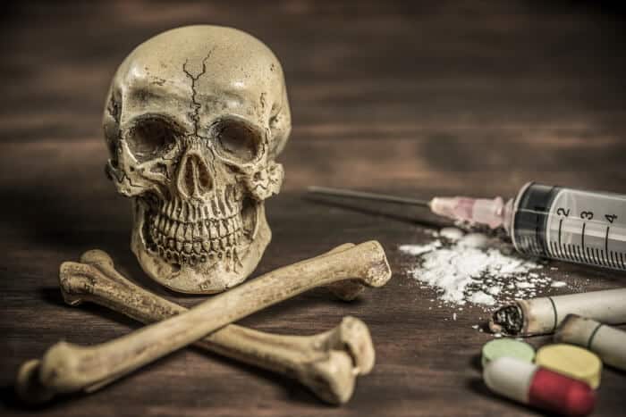 human skull crossbones drug addict concept